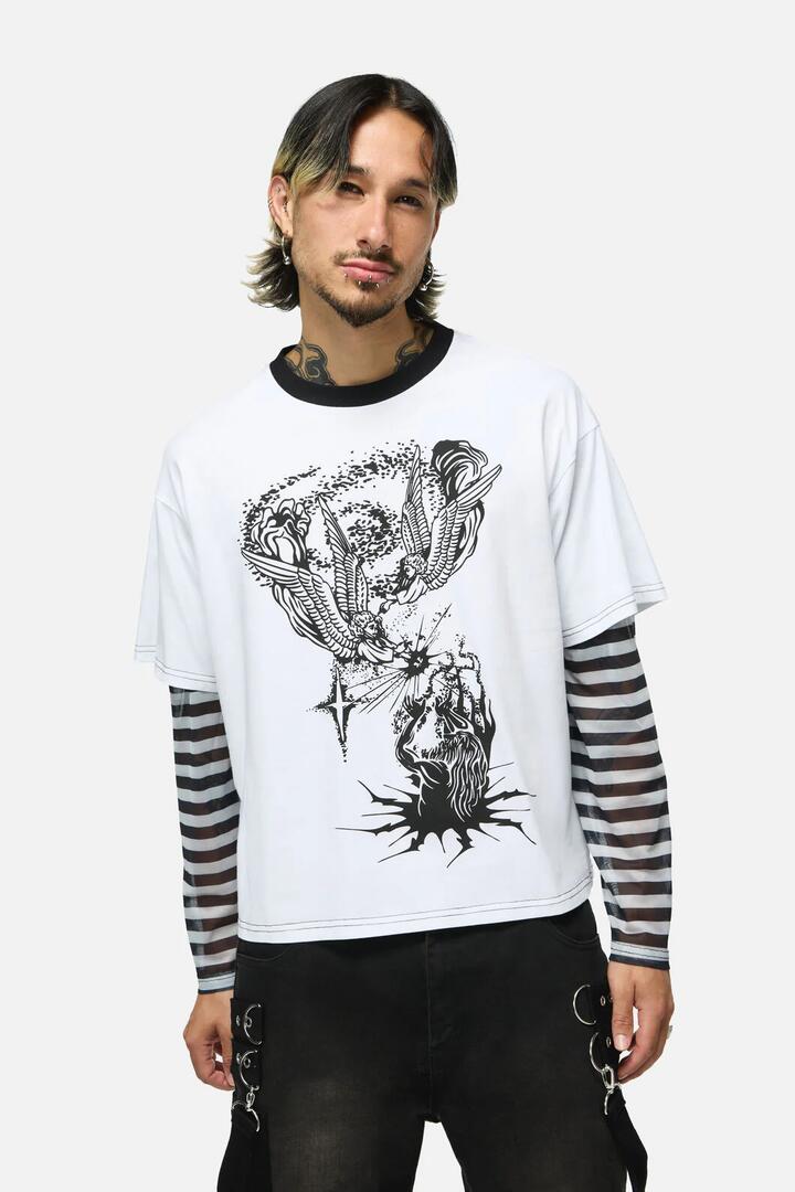 Image of a model wearing Tops. Productname: Angelic Contrast LS Tee in White colour by brand - Black Friday
