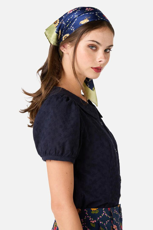 Image of Scarves & Shawls. Productname: Honey Bee Satin Scarf in Navy colour by brand - Princess Highway