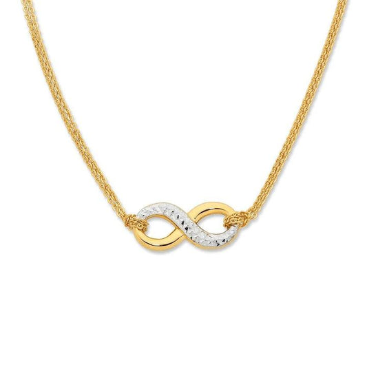 Image of Necklaces. Productname: 45cm Diamond Cut Infinity Necklace in 9kt Yellow and White Bonded Gold in Gold colour by brand - Bevilles