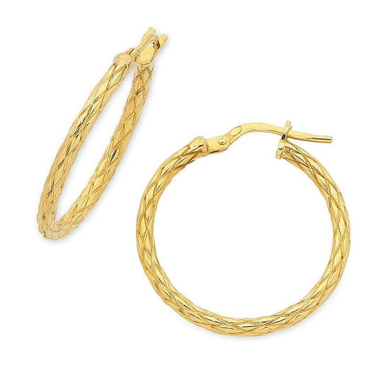 Image of Earrings. Productname: 20mm Patterned Hoop Earrings in 9kt Yellow Bonded Gold in Gold colour by brand - Bevilles