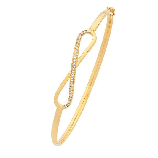 Image of Jewelry. Productname: 60mm Cubic Zirconia Infinity Bangle in 9kt Yellow Bonded Gold in Gold colour by brand - Bevilles