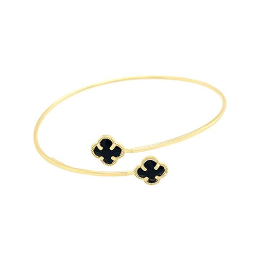Image of Jewelry. Productname: 60mm Black Crystal Clover Bangle in 9kt Yellow Bonded Gold in Gold colour by brand - Bevilles