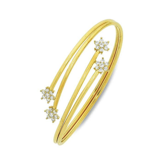 Image of Jewelry. Productname: 60mm Cubic Zirconia Flower Torque Bangle in 9kt Yellow Bonded Gold in Gold colour by brand - Bevilles