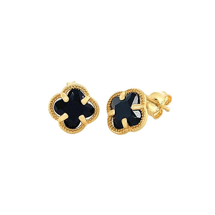 Image of Earrings. Productname: Black Crystal Clover Stud Earrings in 9kt Yellow Bonded Gold in Gold colour by brand - Bevilles