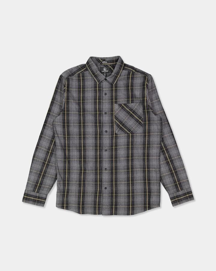 Image of a model wearing Tops. Productname: volcom Mens Heavy Twills Flannel Long Sleeve Shirt Gloss Black - in Gloss Black colour by brand - Volcom