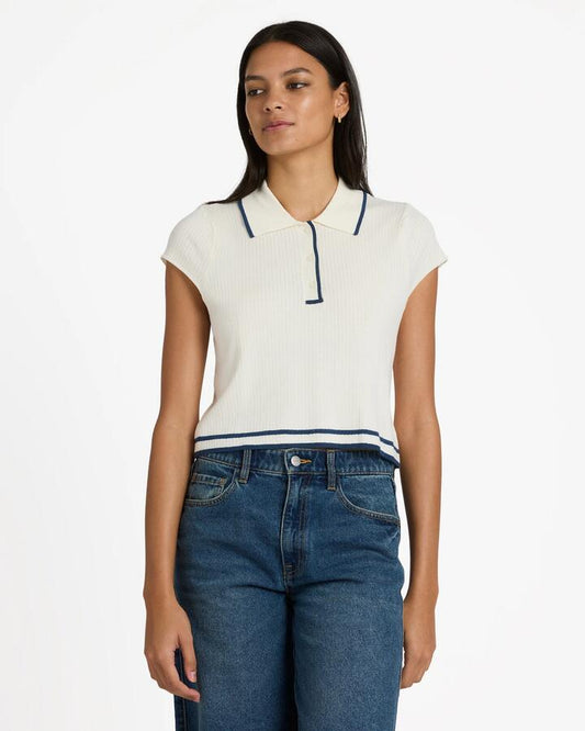 Image of a model wearing Outerwear. Productname: rvca Jules Sweater Cropped Jumper Cloud - in Cloud colour by brand - Rvca