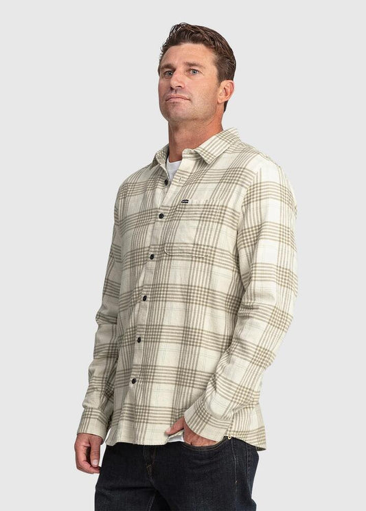 Image of a model wearing Tops. Productname: volcom Mens Caden Plaid Long Sleeve Shirt Dirty White - in Dirty White colour by brand - Volcom
