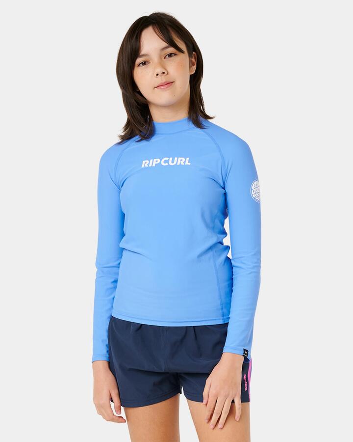 Image of a model wearing Tops. Product name - Rip Curl Girls 8-14 Classic Surf Long Sleeve Rash Vest Cornflower Blue in Cornflower Blue colour by brand - Rip Curl