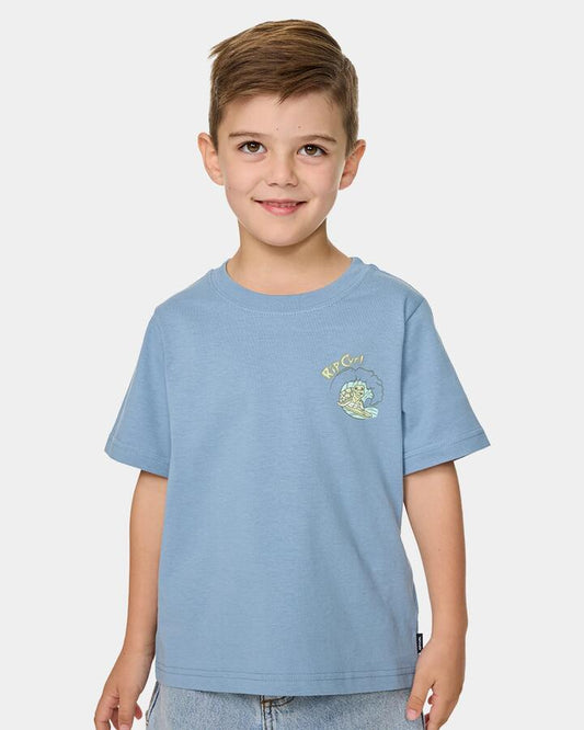 Image of a model wearing Tops. Productname: rip Curl Boys 2-7 Ride The Wave T-Shirt Faded Denim - in Faded Denim colour by brand - rip Curl