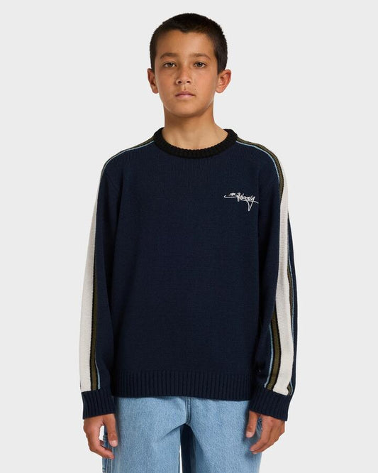 Image of a model wearing Outerwear. Productname: billabong Boys 8-16 Script Sweatshirt Navy - in Navy colour by brand - Billabong