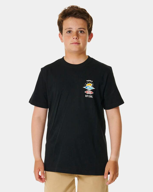 Image of a model wearing Tops. Productname: rip Curl Boys 8-16 Search Icon T-Shirt Black - in Black colour by brand - rip Curl