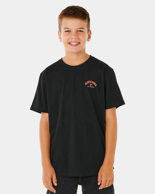 Image of a model wearing Tops. Productname: rip Curl Boys 8-16 Shred Til T-Shirt Black - in Black colour by brand - rip Curl