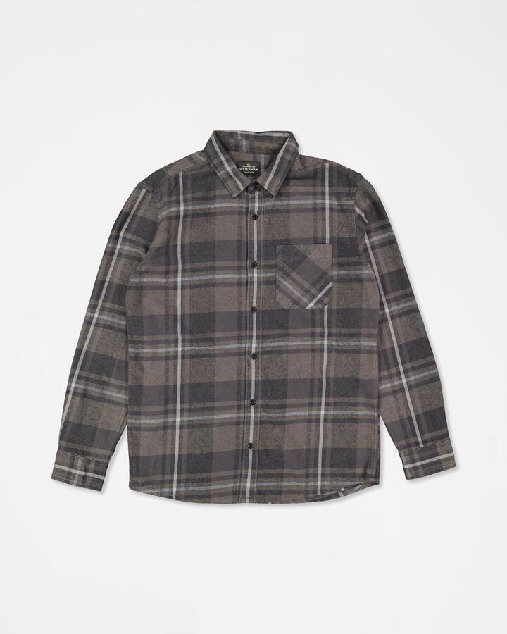 Image of a model wearing Tops. Productname: quiksilver Mens Scribe Plaid Long Sleeve Shirt Black - in Black colour by brand - Quiksilver