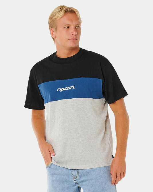 Image of a model wearing Tops. Productname: rip Curl Mens Undertow T-Shirt Black/Grey - in Black/Grey colour by brand - rip Curl