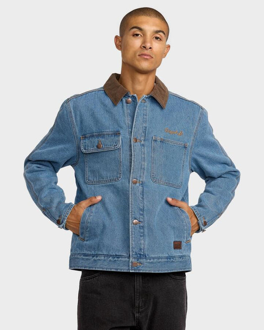 Image of Coats & Jackets. Productname: rvca Mens Post Dayshift Denim Jacket Blue Collar - in Blue Collar colour by brand - Rvca
