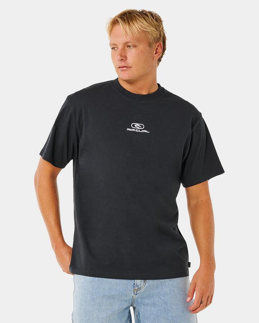 Image of a model wearing Tops. Productname: rip Curl Mens Pill Icon T-Shirt Black - in Black colour by brand - rip Curl