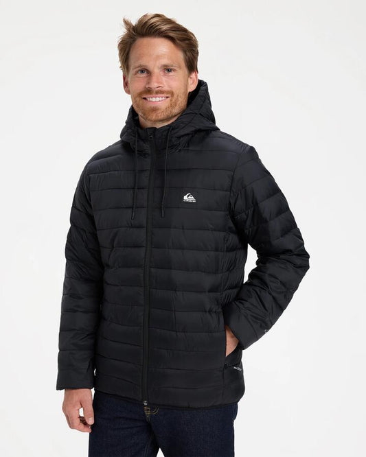 Image of a model wearing Outerwear. Productname: quiksilver Mens Scaly Puffer Jacket Black - in Black colour by brand - Quiksilver