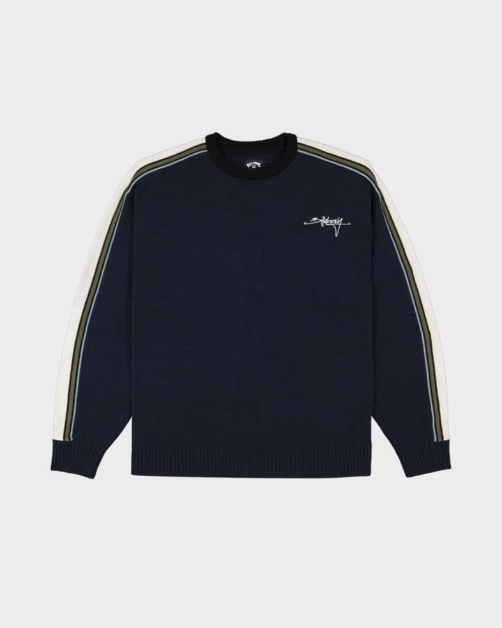 Image of a model wearing Outerwear. Productname: billabong Mens Script Sweatshirt Navy - in Navy colour by brand - Billabong