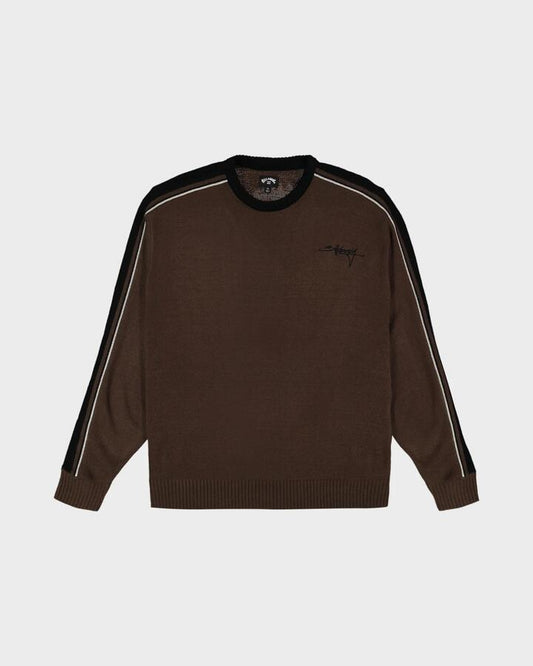 Image of a model wearing Outerwear. Product name - Billabong Mens Script Sweatshirt Chocolate in Chocolate colour by brand - Billabong