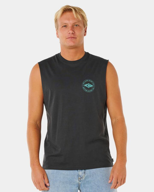 Image of a model wearing Tops. Productname: rip Curl Mens Staple Muscle Washed Black - in Washed Black colour by brand - rip Curl