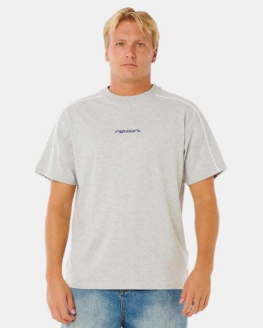 Image of a model wearing Tops. Productname: rip Curl Mens Inner Visions Panel T-Shirt Grey Marle - in Grey Marle colour by brand - rip Curl