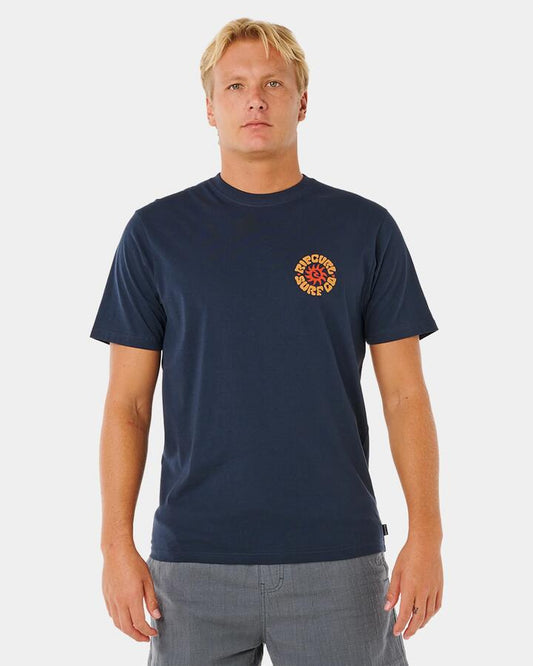 Image of a model wearing Tops. Productname: rip Curl Mens Pacific Rinse Circle T-Shirt Dark Navy - in Dark Navy colour by brand - rip Curl