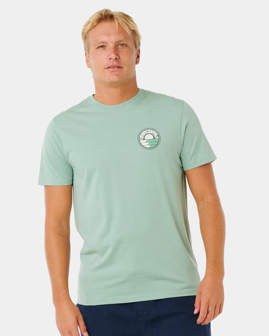 Image of a model wearing Tops. Productname: rip Curl Mens Pacific Rinse Stacked T-Shirt Aloe - in Aloe colour by brand - rip Curl
