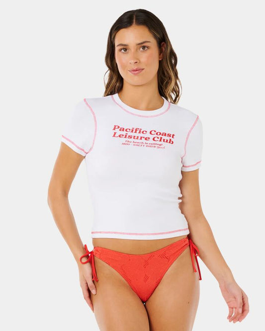 Image of a model wearing Tops. Productname: rip Curl Womens Pacific Coast Fitted T-Shirt Optical White - in Optical White colour by brand - rip Curl
