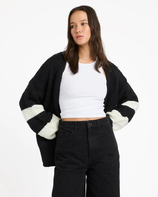 Image of a model wearing Outerwear. Productname: volcom Womens Polar Gypsy Cardigan Black - in Black colour by brand - Volcom