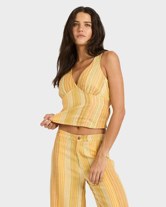 Image of a model wearing Tops. Productname: billabong Womens Hazy Daze Cropped Top Brown Multi - in Brown Multi colour by brand - Billabong