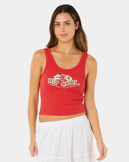 Image of a model wearing Tops. Productname: rip Curl Womens Bells Tank Top Deep Red - in Deep Red colour by brand - rip Curl
