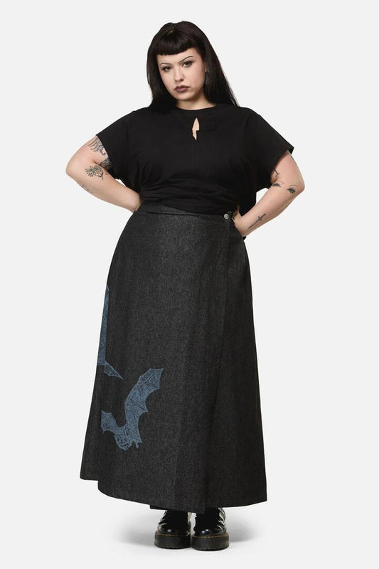 Image of a model wearing Skirts. Productname: Curve Batz Denim Midi Skirt in Black colour by brand - Black Friday