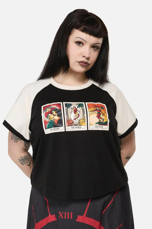 Image of a model wearing Tops. Productname: Curve Tarot Card Raglan Tee in Black colour by brand - Dangerfield