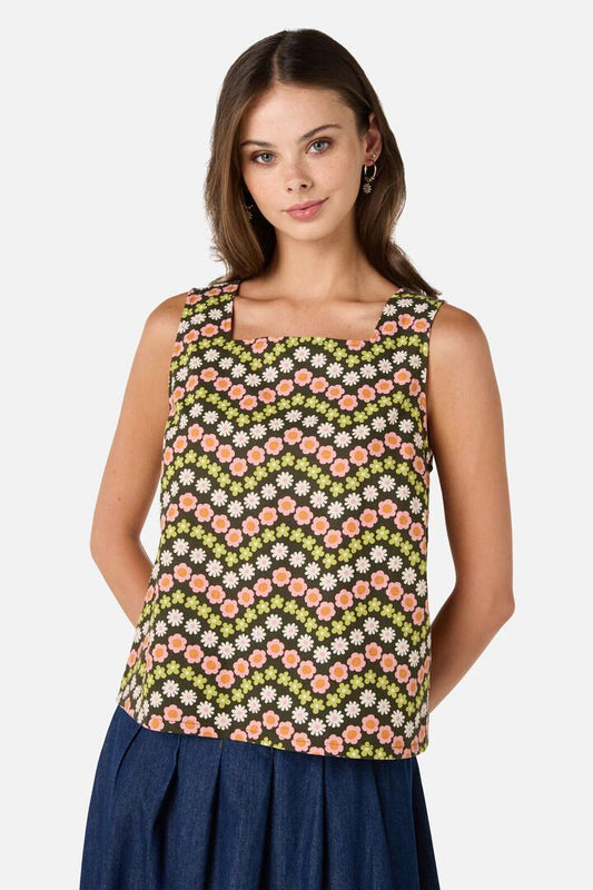 Image of a model wearing Tops. Productname: Sally Retro Shell Top in Green colour by brand - Princess Highway