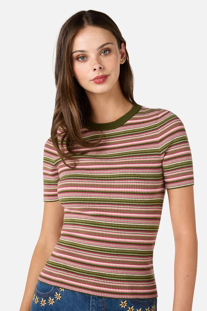 Image of a model wearing Tops. Productname: Adelaide Stripe Rib Knit Top in Toffee colour by brand - Princess Highway