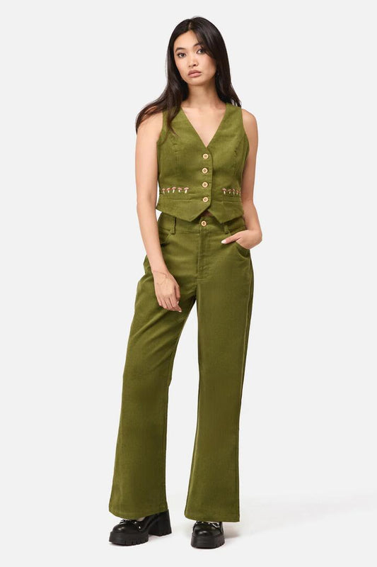 Image of a model wearing Pants. Productname: Toadstool Cord Flare Pant in Green colour by brand - Dangerfield