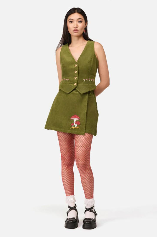 Image of a model wearing Skirts. Productname: Toadstool Cord Skort in Green colour by brand - Dangerfield