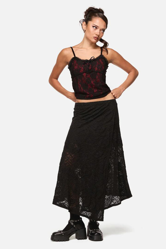 Image of a model wearing Skirts. Productname: Altar Distressed Mesh Skirt in Black colour by brand - Black Friday