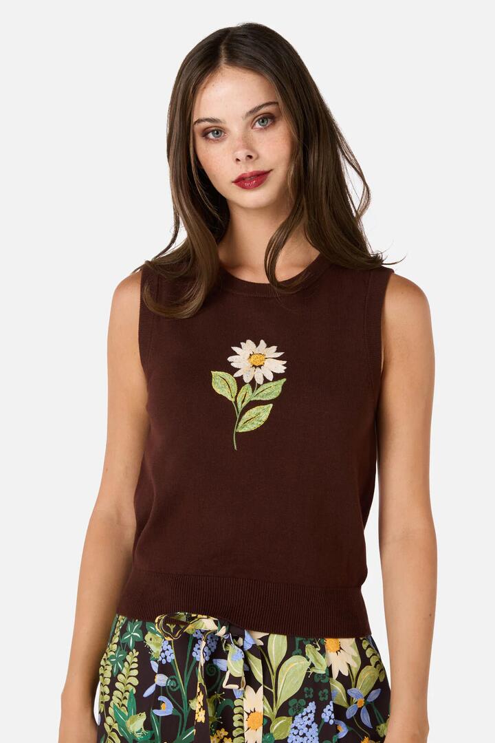 Image of Coats & Jackets. Productname: Daisy Embroidered Knit Vest in Chocolate colour by brand - Princess Highway