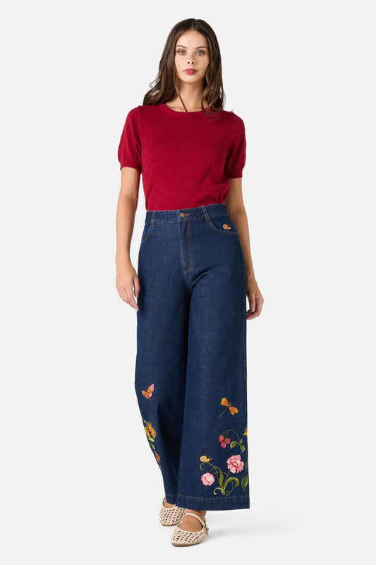 Image of Jeans. Product name - Whimsical Embroidered Jean in Blue Denim colour by brand - Princess Highway