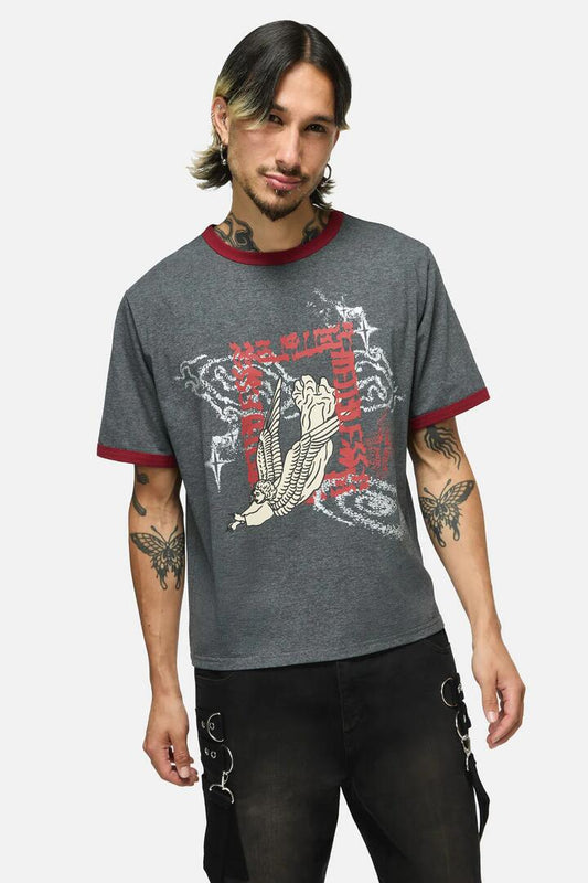 Image of a model wearing Tops. Productname: Purgatory Tee in Grey colour by brand - Black Friday