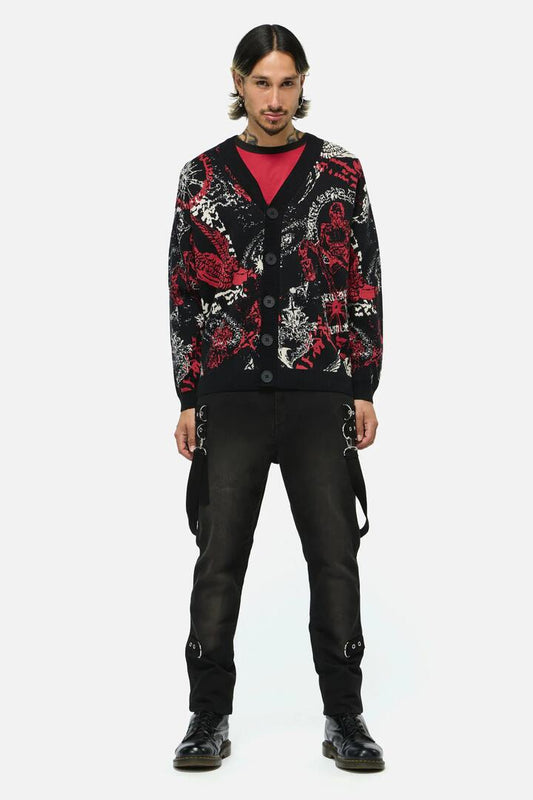 Image of a model wearing Outerwear. Productname: Purgatory Knit Cardi in Black colour by brand - Black Friday