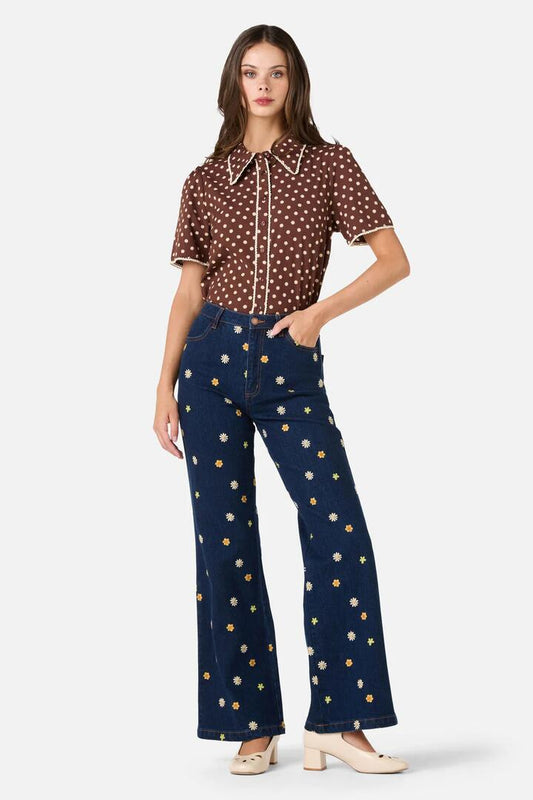 Image of Jeans. Productname: Ditsy Daisy Flared Jeans in Blue Denim colour by brand - Princess Highway