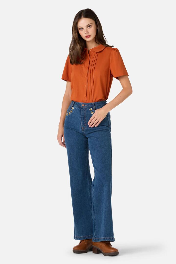 Image of Jeans. Product name - Leonie Daisy Embroidered Jean in Blue Denim colour by brand - Princess Highway