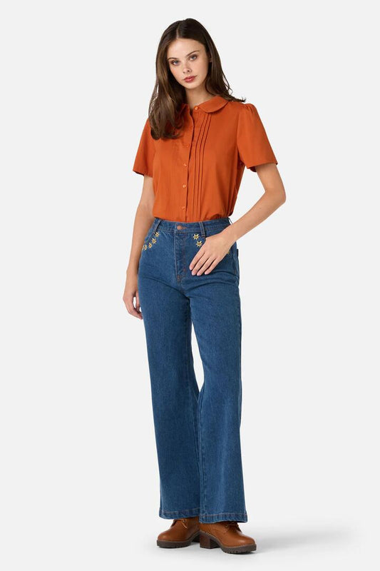 Image of Jeans. Product name - Leonie Daisy Embroidered Jean in Blue Denim colour by brand - Princess Highway