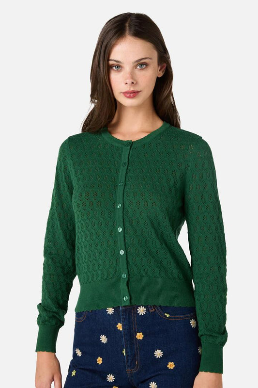 Image of a model wearing Tops. Productname: Mara Long Sleeve Cardigan in Green colour by brand - Princess Highway