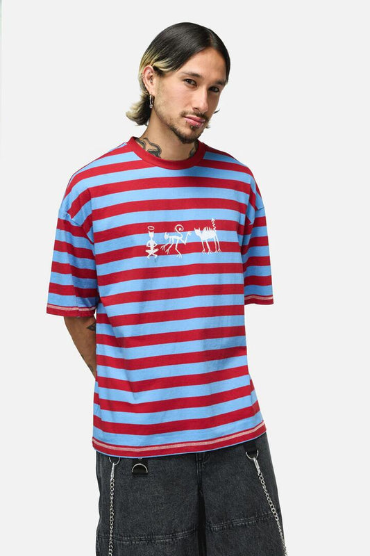 Image of a model wearing Tops. Productname: Alchemy Stripe Tee in Blue/Red colour by brand - Dangerfield