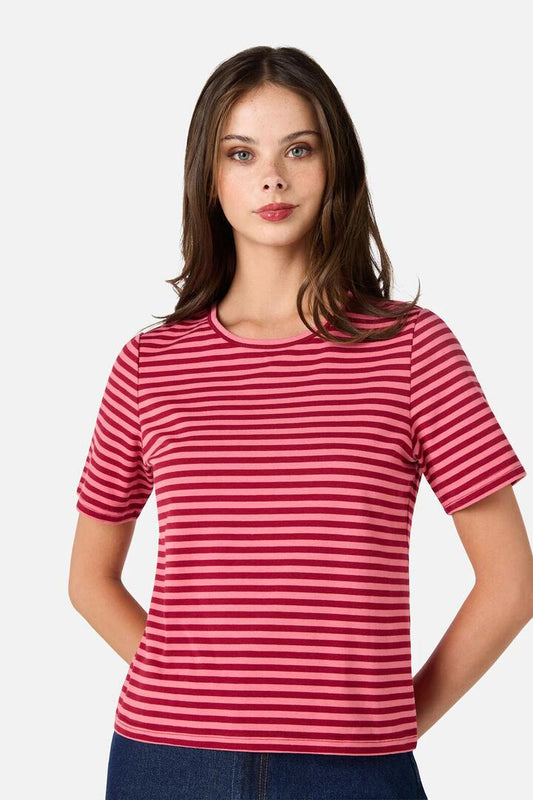 Image of a model wearing Tops. Productname: Berry Stripe Tee in Pink/Red colour by brand - Princess Highway