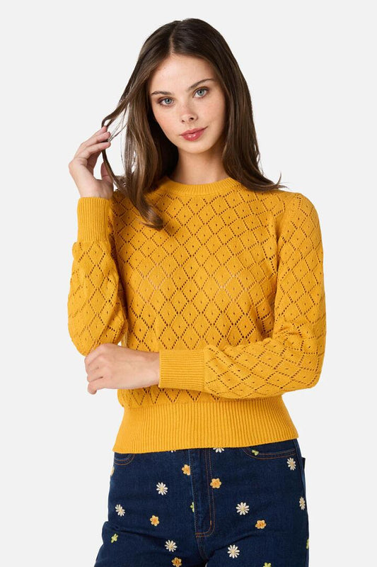 Image of a model wearing Tops. Productname: Faye Long Sleeve Knit in Blue colour by brand - Princess Highway