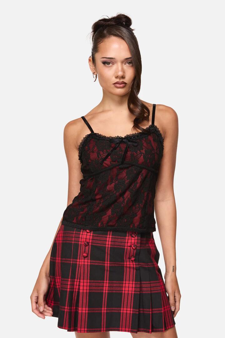 Image of a model wearing Tops. Productname: Suffer Lace Tank Top in Red/Black colour by brand - Black Friday